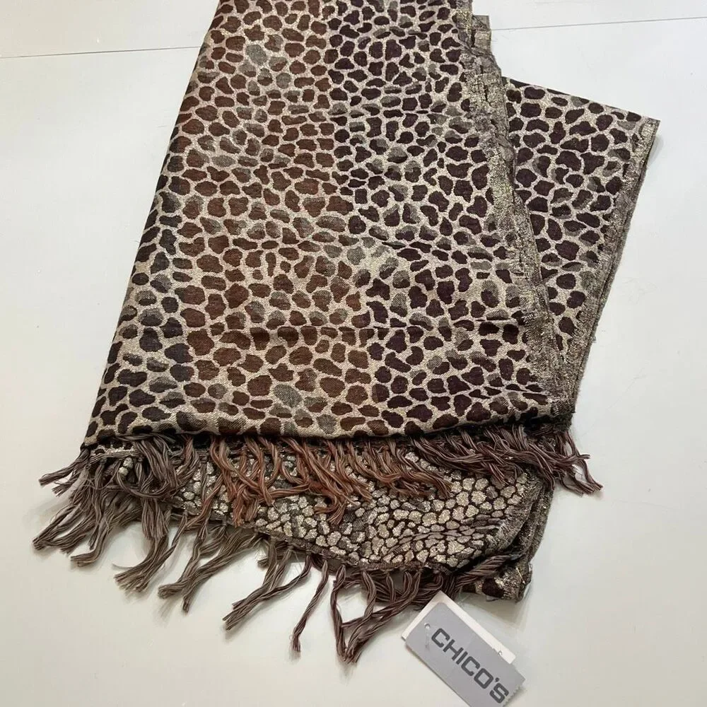Chico's Womens Wool Blend Fringe Leopard-Print Shawl Scarf Brown 29